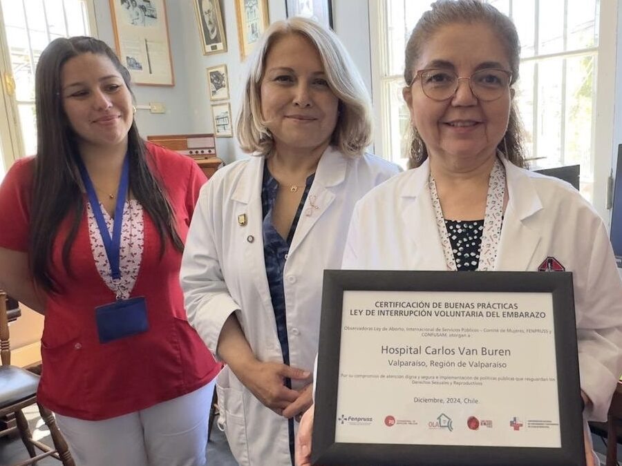 Profesionales del Equipo IVE del Hospital Carlos Van Buren de Valparaíso posando en la fotografía tras recibir el reconocimiento de Buenas Prácticas entregado por OLA
